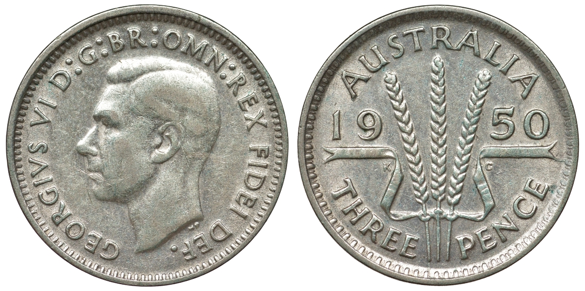Австралия 3 пенса 1950 m, Георг VI (1937-1952), без букв KM 44 серебро 71-238