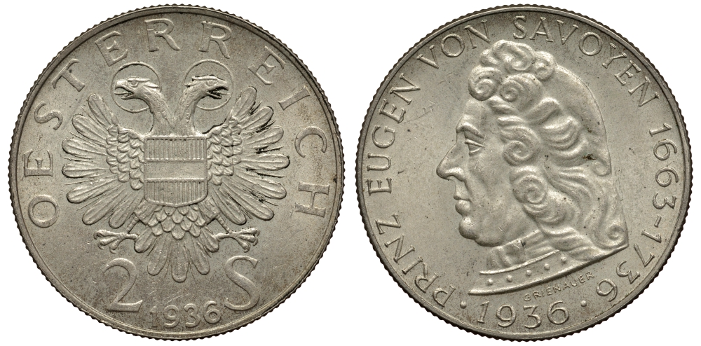 Австрия 2 шиллинга 1936 200 лет со дня смерти принца Евгения Савойского KM 2858 серебро 413-5134