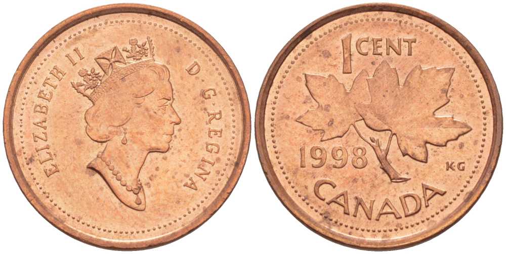 КАНАДА 1 ЦЕНТ 1998 КЛЕНОВЫЙ ЛИСТ, ЕЛИЗАВЕТА II KM 289 сталь плакированная медью 112-116