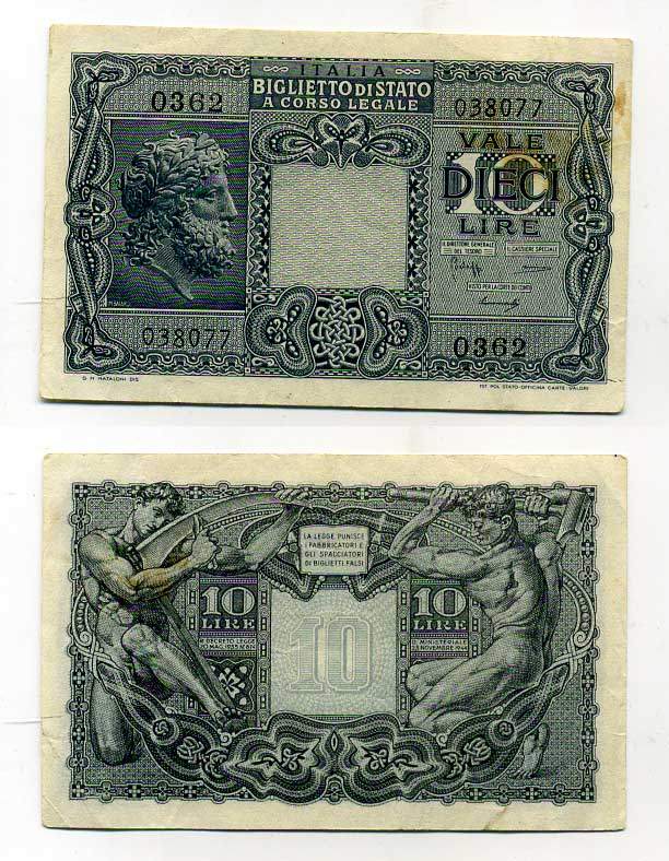 Италия 10 лир 1944 BoLaffi, Simoneschi Pick 32b, Grapanzano BS 48 бумага 000-00-00