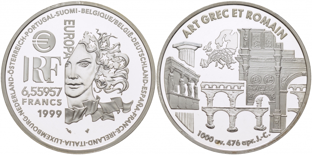 Франция 1 евро = 6,55957 франков 2000 греко-романский стиль в архитектуре (1000 до н.э.- 476 н.э.) KM 1244 серебро PROOF 11-177-12