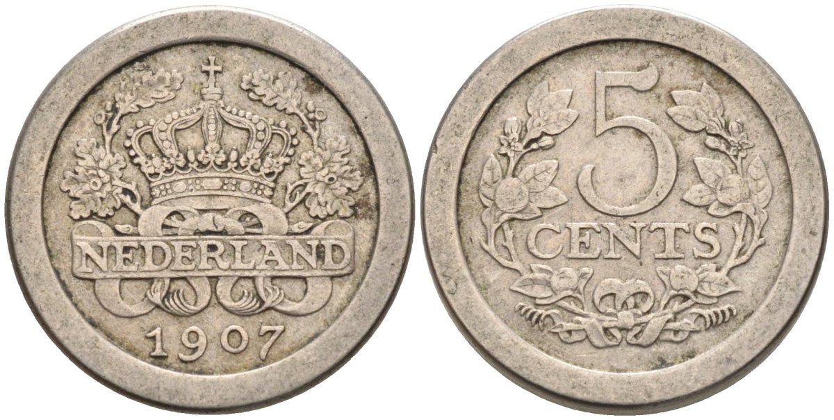Нидерланды 5 центов 1907 Вильгельмина (1890-1948) KM 137 медно-никель 4576-764