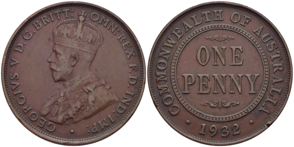 АВСТРАЛИЯ 1 ПЕННИ 1932 ГЕОРГ V KM 23 бронза 82-731