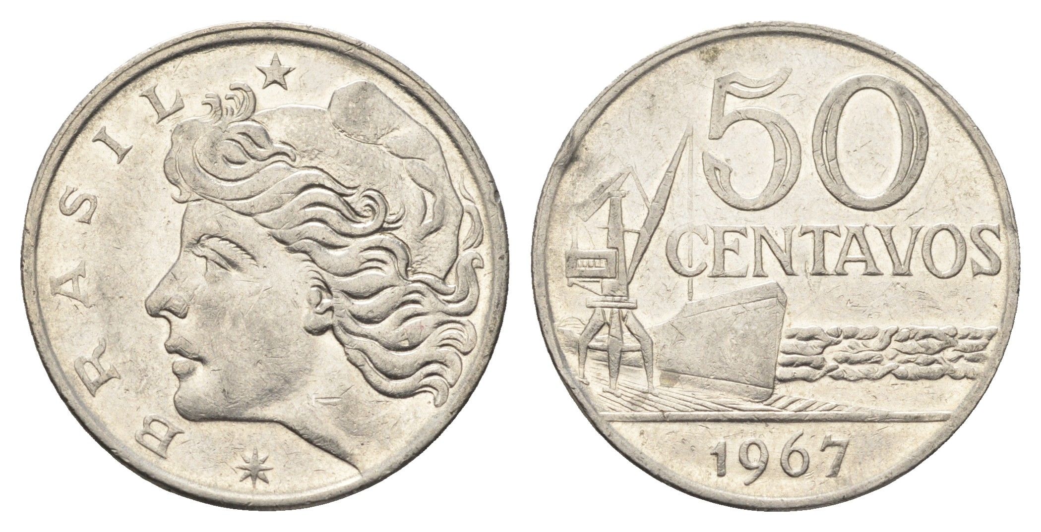 Бразилия 50 сентаво 1967 год-тип KM 580 никель латунь 4663-531