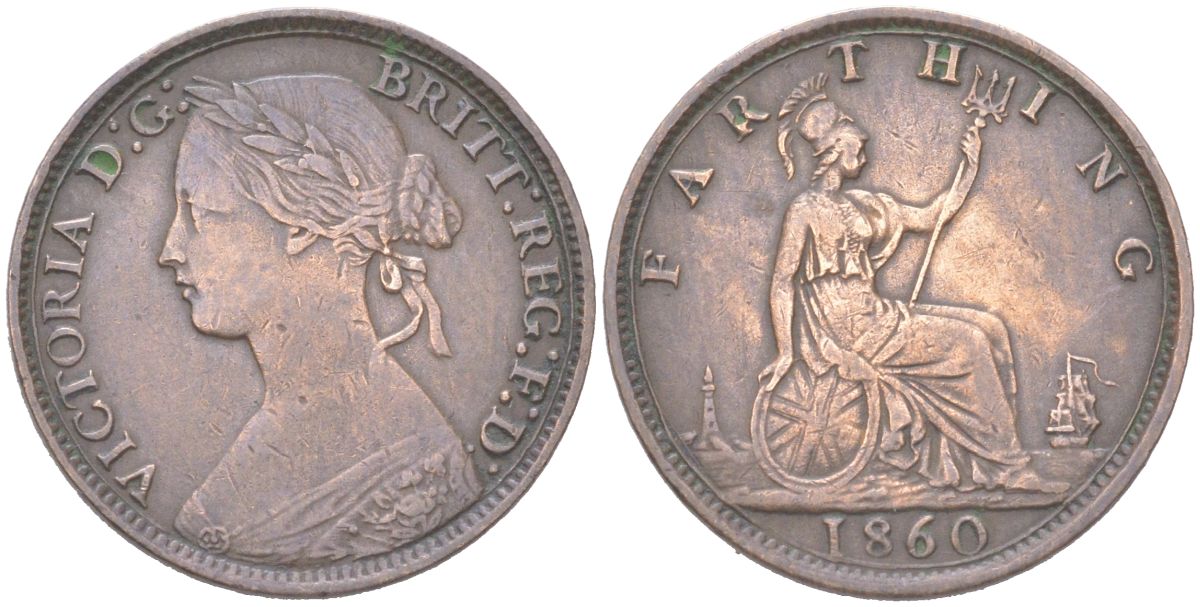 Великобритания 1 фартинг 1860 Виктория (1837-1901) KM 747.2, Spink 3958 бронза 4613-419
