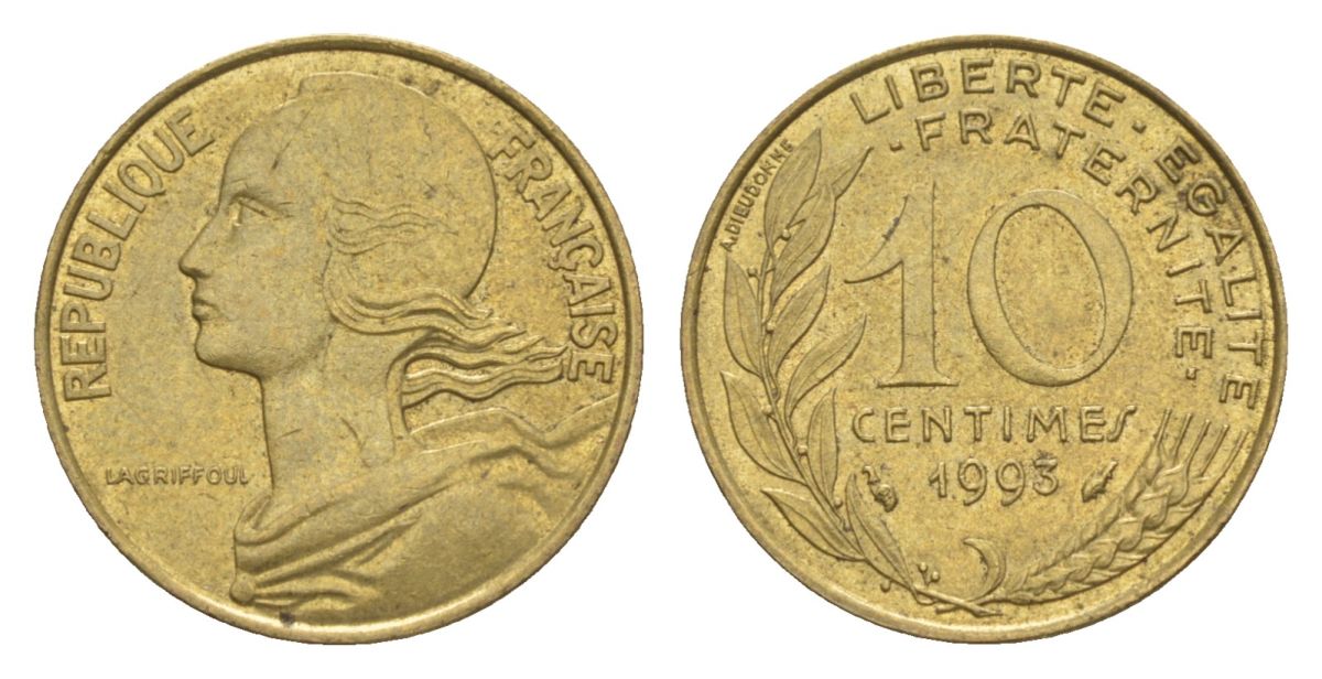 Франция 10 сантимов 1993 тип Morlon KM 929, Le Franc 144.35 алюминиевая бронза 4630-366