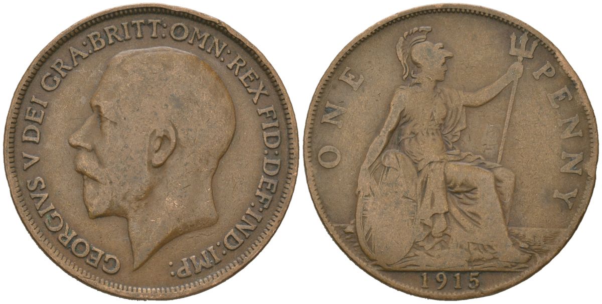 Великобритания 1 пенни 1915 Георг V (1910-1936) KM 810, Spink 4051 бронза 221-512
