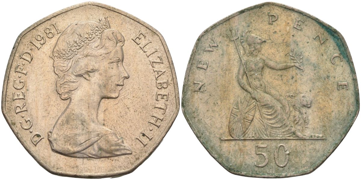 Великобритания 50 пенсов 1981 Елизавета II (1952-2022) KM 913, Spink 4223 (H1) медно-никель 4117-942