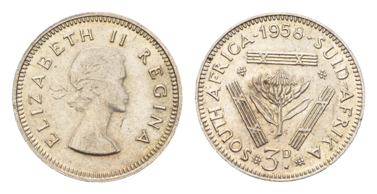 ЮАР 3 пенса 1958 Елизавета II (1952-2022) KM 47 серебро 54-968