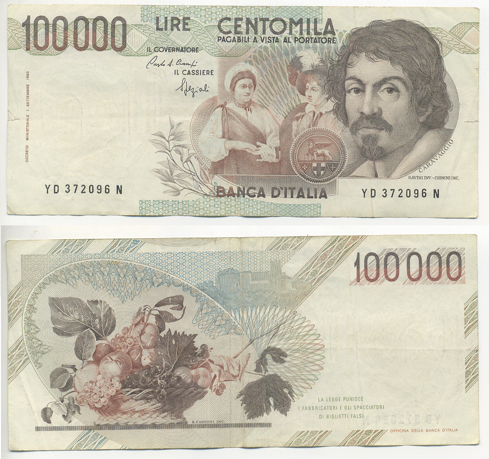 Италия 100000 лир 1983 Караваджо, фруктовый букет, подпись Speziali Pick 110b бумага 7220-15-1