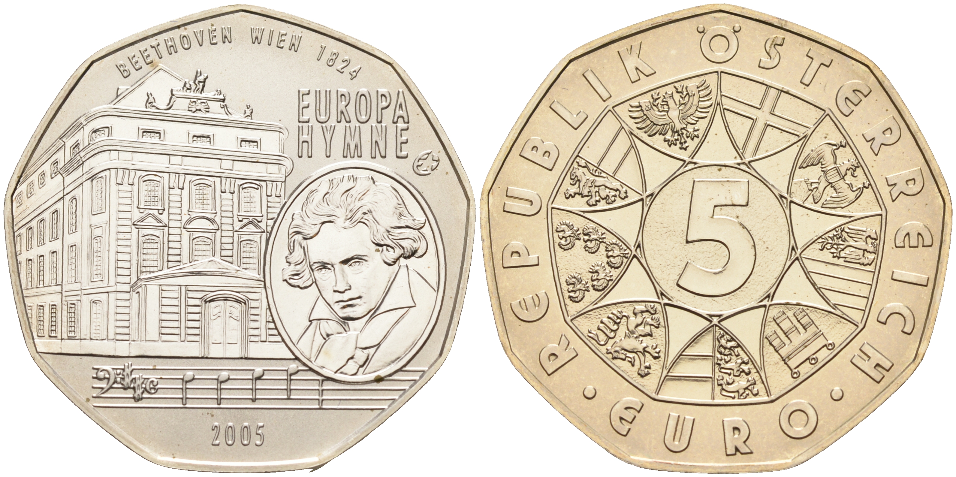 Австрия 5 евро 2005 10 лет вступления Австрии в ЕС, Бетховен, гимн ЕС KM 3120 серебро UNC 06-281-33