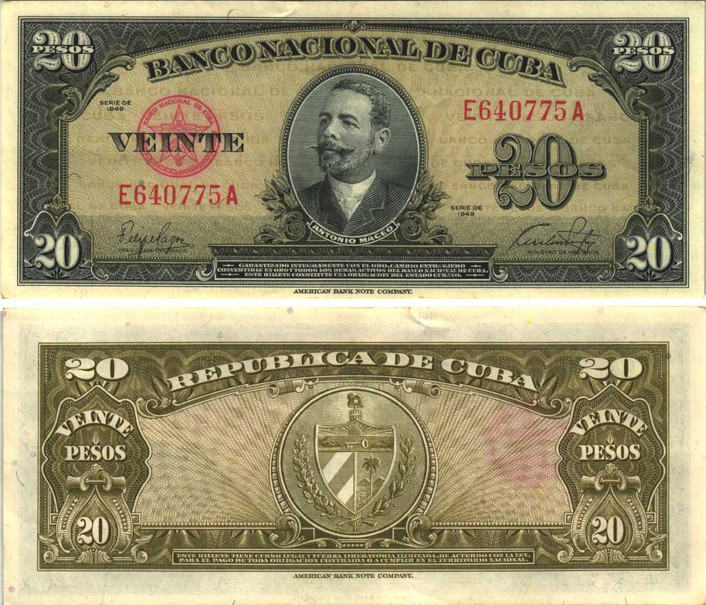 КУБА 20 ПЕСО 1949 АНТОНИО МАСЕО, КРАСНАЯ СЕРИЯ Pick 80a бумага аUNC 7191-30-2-2