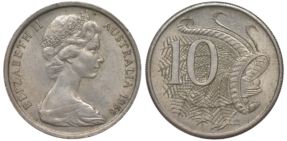 Австралия 10 центов 1966 Елизавета II (1952-), птица лирахвост KM 65 медно-никель 62-1137