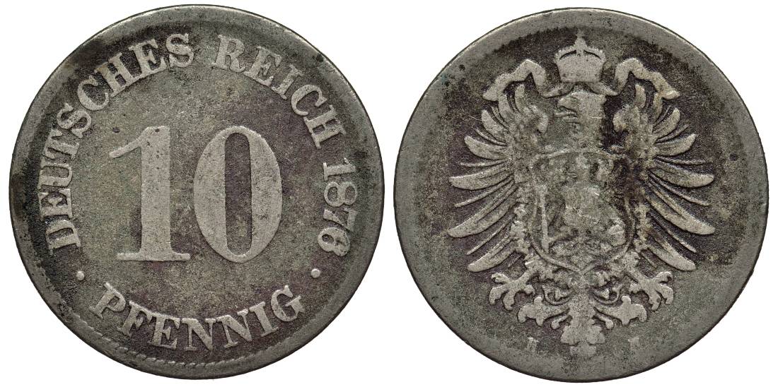 ГЕРМАНИЯ 10 ПФЕННИГОВ 1876 H, СТАРОГЕРБОВКА, РЕДКАЯ KM 4, Jager 4, Weege 7 медно-никель 4543-545