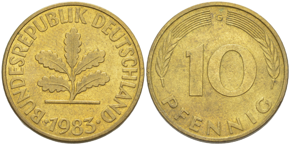 ФРГ 10 ПФЕННИГОВ 1983 G KM 108, J. 383 сталь плакированная латунью 4182-934