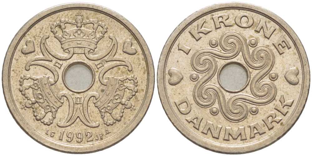 ДАНИЯ 1 КРОНА 1992 LG; JP; A, МАРГРЕТЕ II (1972-) KM 873.1 медно-никель 67-542