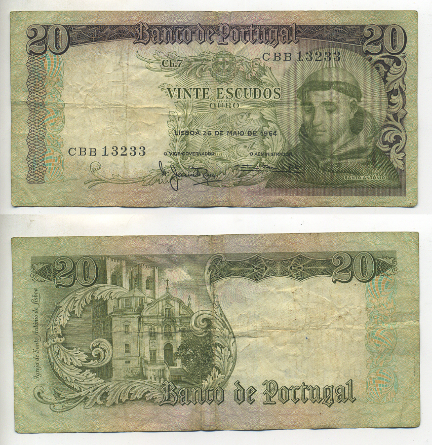Португалия 20 эскудо 1964 Антоний Падуанский Pick 167 b бумага 7552-33-1