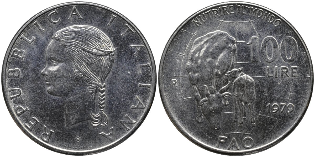 Италия 100 лир 1979 R, FAO, корова с теленком KM 106 нержавеющая сталь 4162-242