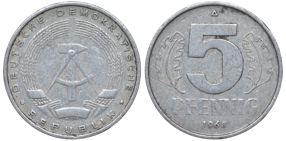 ГДР 5 ПФЕННИГОВ 1968 A KM 9.1 алюминий 62-121