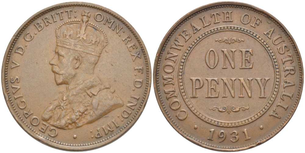 АВСТРАЛИЯ 1 ПЕННИ 1931 ГЕОРГ V (1910-1936), ЕДИНИЦА В ДАТЕ НОРМАЛЬНАЯ KM 23 бронза 4512-1116