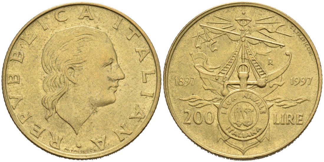 Италия 200 лир 1997 R, 100 ЛЕТ ИТАЛЬЯНСКОЙ МОРСКОЙ ЛИГЕ (1897-1997) KM 186 алюминиевая бронза 4573-826