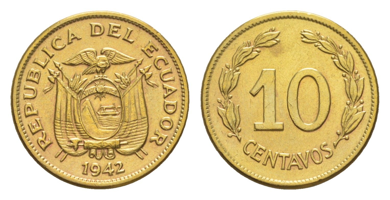 Эквадор 10 сентаво 1942 KM 76a латунь 1528-1424