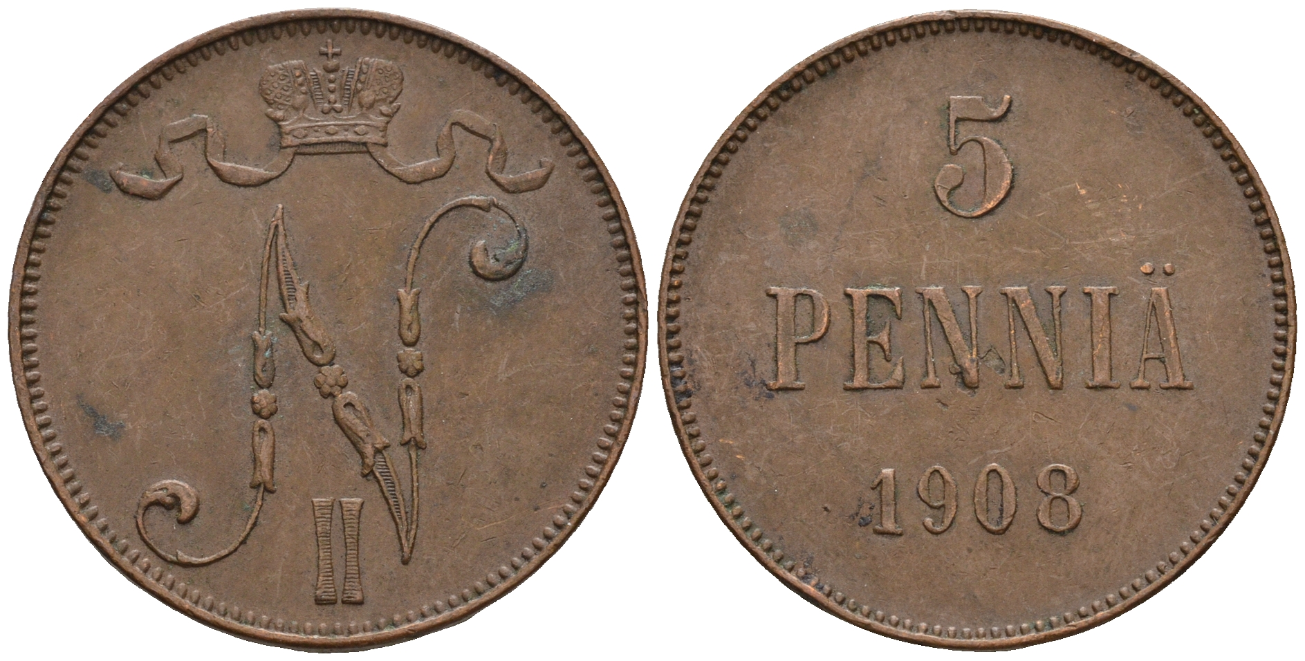 Россия для Финляндии 5 пенни 1908 Николай II (1894-1917) KM 15, Биткин 449 медь 259-1144