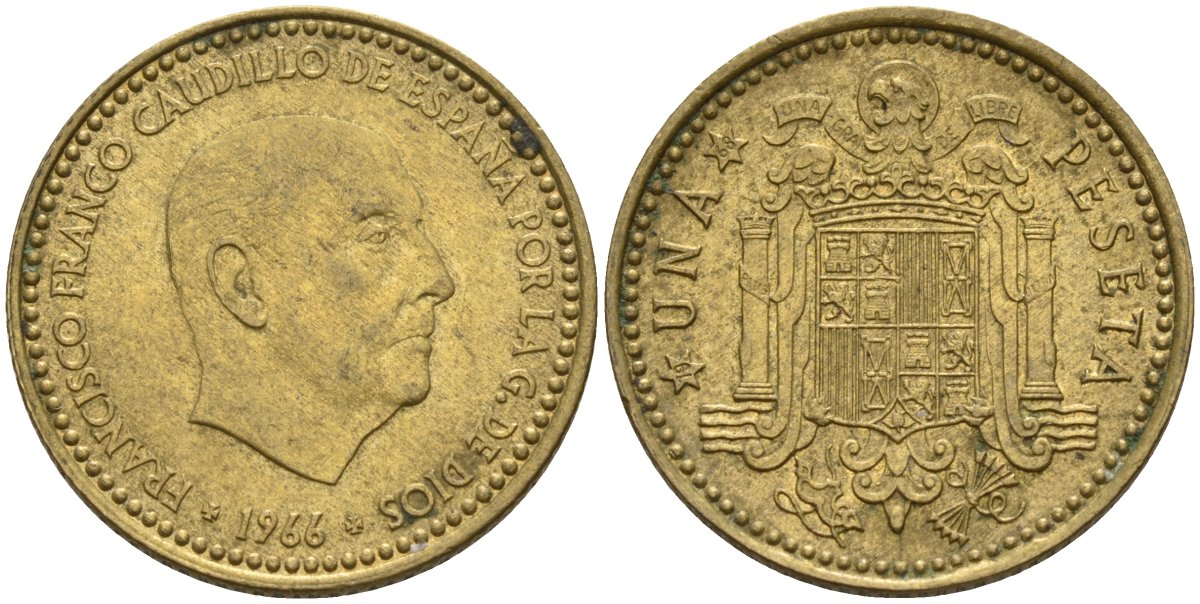 Испания 1 песета 1966 (68) Франсиско Франко (1939 - 1975) KM 796 алюминиевая бронза 4155-347