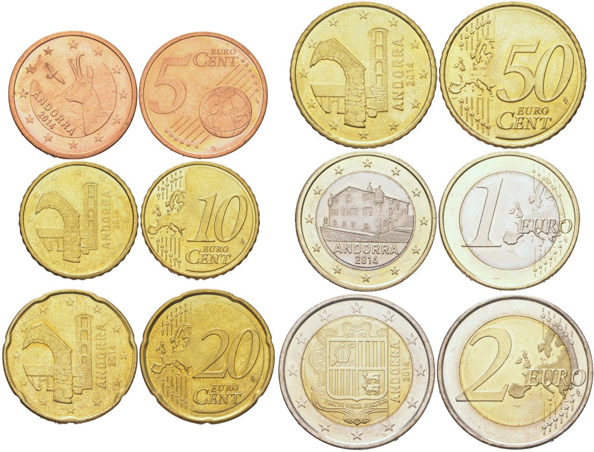 Андорра годовой набор из 6 монет (5, 10, 20 и 50 евроцентов; 1 и 2 евро) 2014 KM 522, 523, 524, 525, 526 и 527 UNC 4612-1011-1016