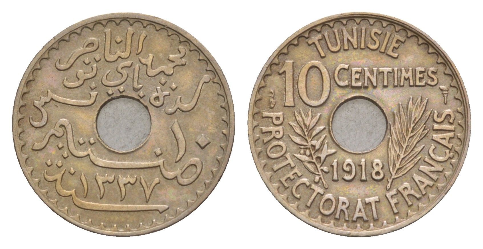 Тунис 10 сантимов 1918 KM 243 никель латунь 4655-434