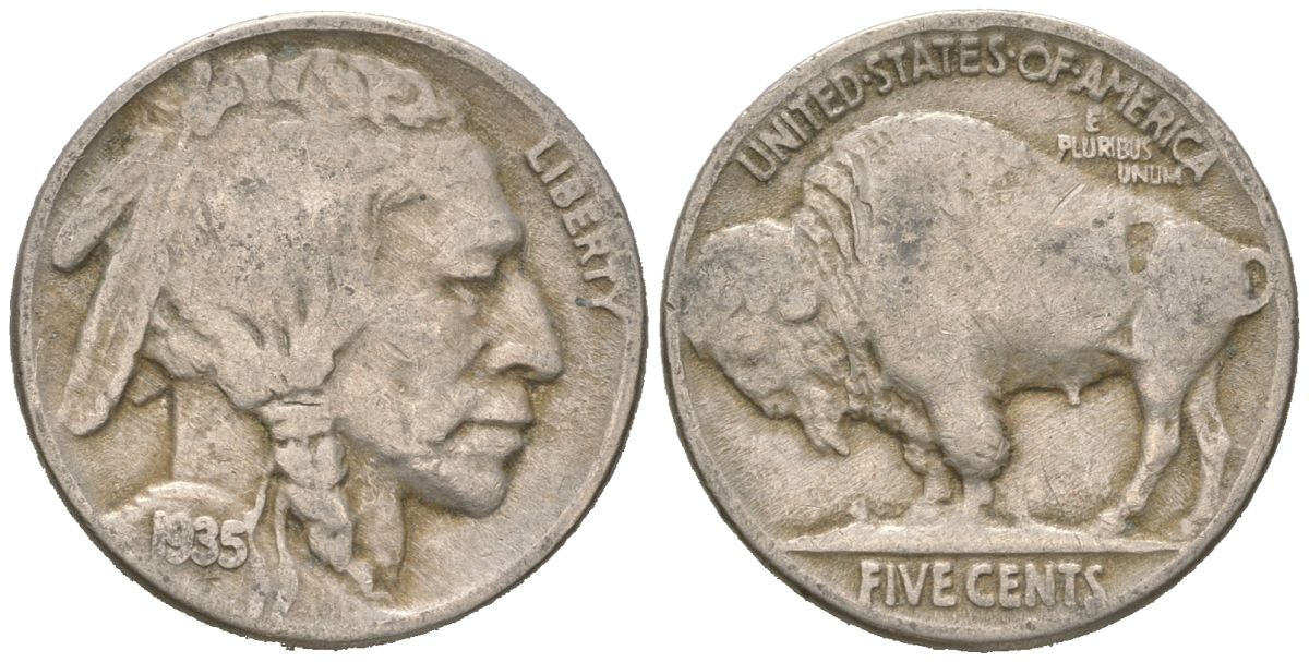 США 5 центов 1935 индеец, бизон KM 134 медно-никель 4614-1158