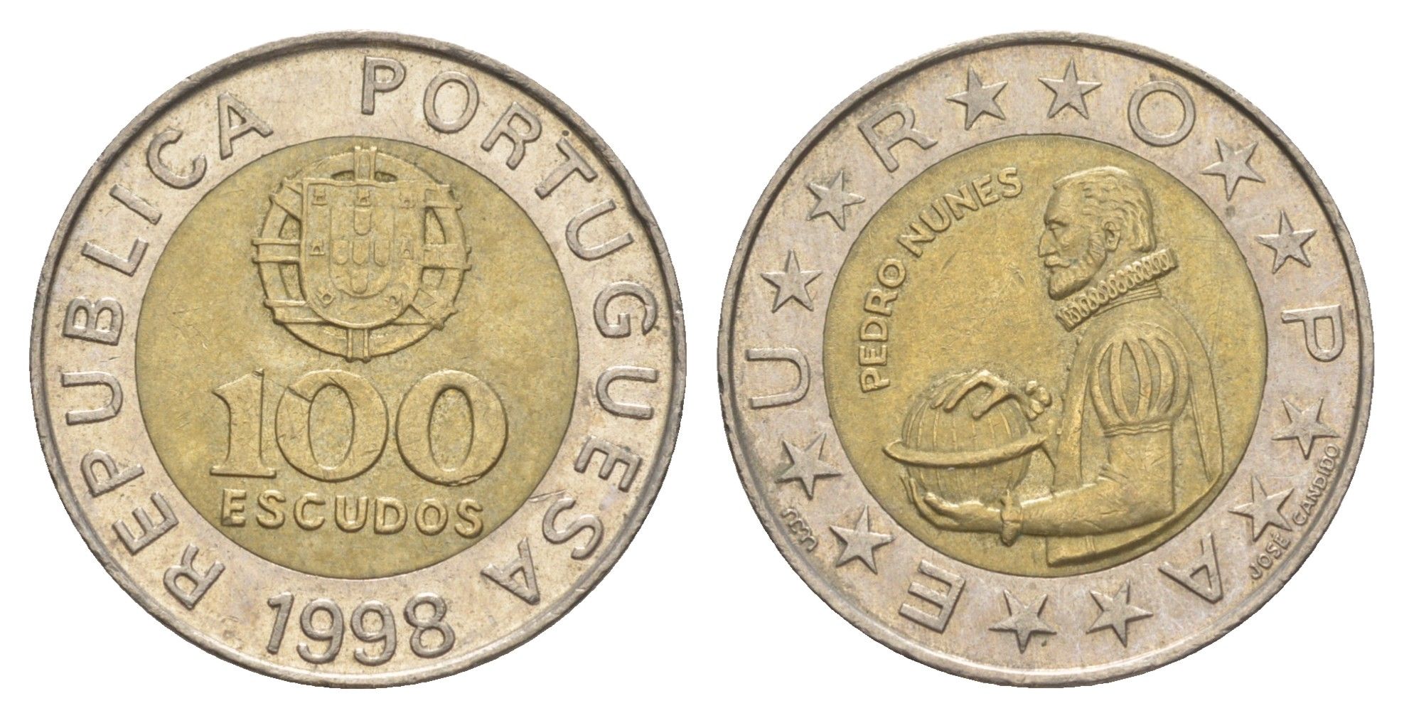 Португалия 100 эскудо 1998 Педру Нуниш (1502-1578), математик KM 645 биметалл 4391-524