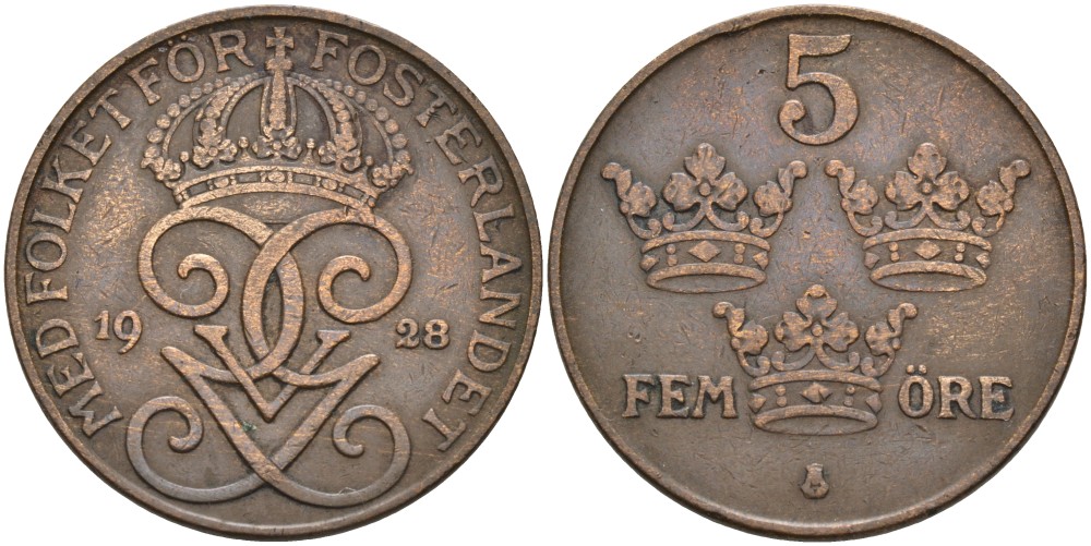 Швеция 5 эре 1928 Густав V (1907-1950) KM 779.2 бронза 4557-615