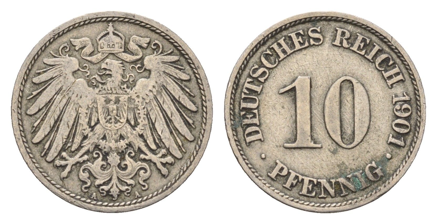Германия 10 пфеннигов 1901 A, Вильгельм II (1888-1918) KM 12, J. 13 медно-никель 4684-217