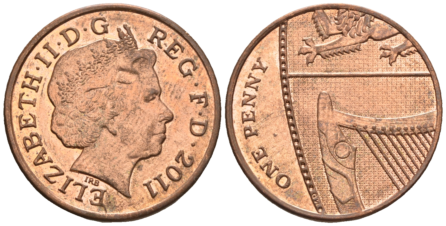 Великобритания 1 пенни 2011 Елизавета II (1952-2022) KM 1107, Spink B6 сталь плакированная медью 177-731