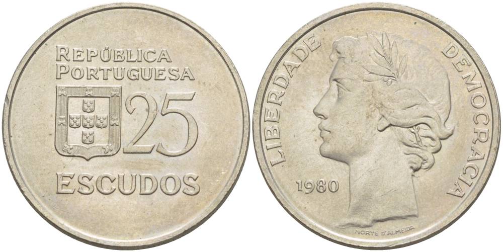 Португалия 25 эскудо 1980 первый год KM 607а медно-никель 4542-923