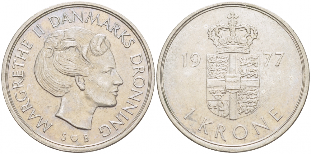 Дания 1 крона 1977 S; B, Маргарете II (1972- ) KM 862.1 медно-никель 213-1224