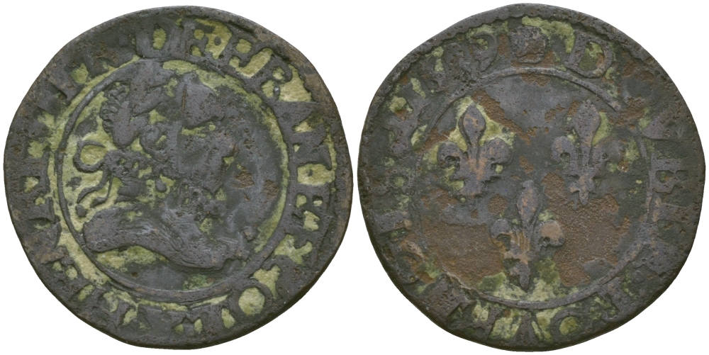 ФРАНЦИЯ ДВОЙНОЙ ТУРНУА 1589 ГЕНРИ III (1551-1589) медь 99-966