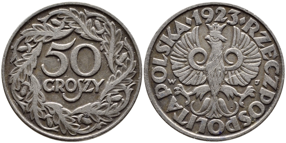 Польша 50 грошей 1923 Республика KM 13, Parchimowicz 106 никель 4393-1124