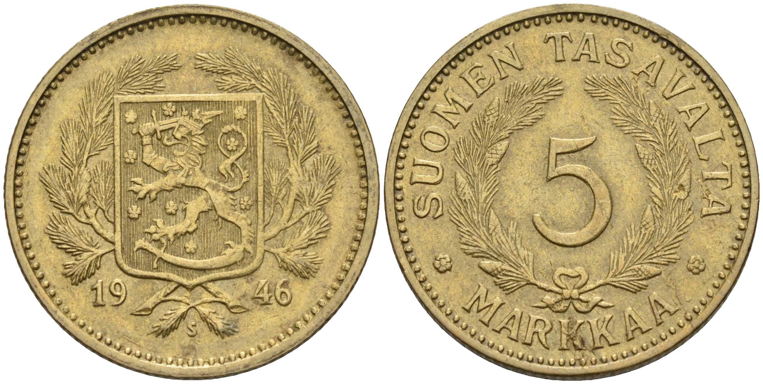 Финляндия 5 марок 1946 S KM 31а латунь    4150-444