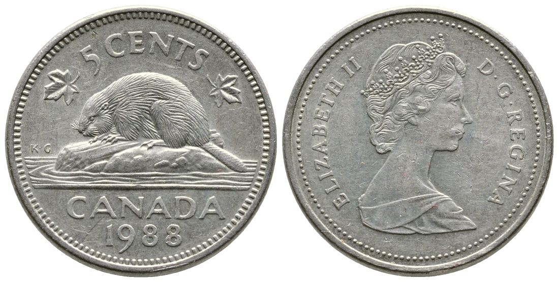 КАНАДА 5 ЦЕНТОВ 1988 ЕЛИЗАВЕТА II, БОБЕР KM 60.2а медно-никель 4364-2613