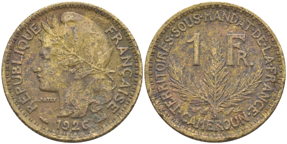 Французский Камерун 1 франк 1926 (а), монетный двор Париж KM 2 алюминиевая бронза 73-1313