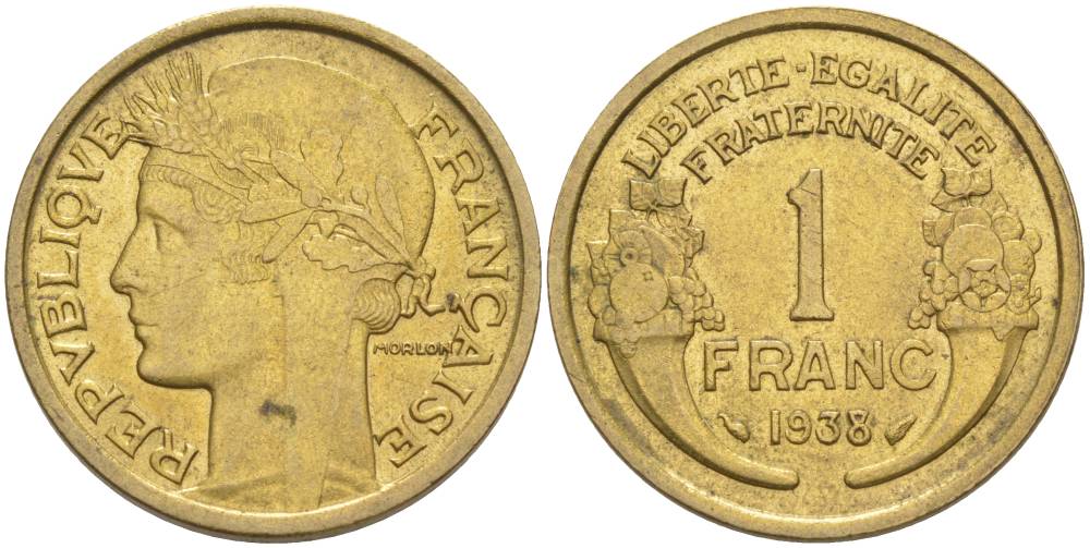 ФРАНЦИЯ 1 ФРАНК 1938 ТИП MORLON KM 885, LE FRANC 219.9 алюминиевая бронза 3853-145