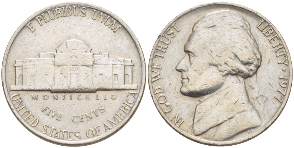 США 5 ЦЕНТОВ 1977 ДЖЕФФЕРСОН KM А192 медно-никель 4546-1147