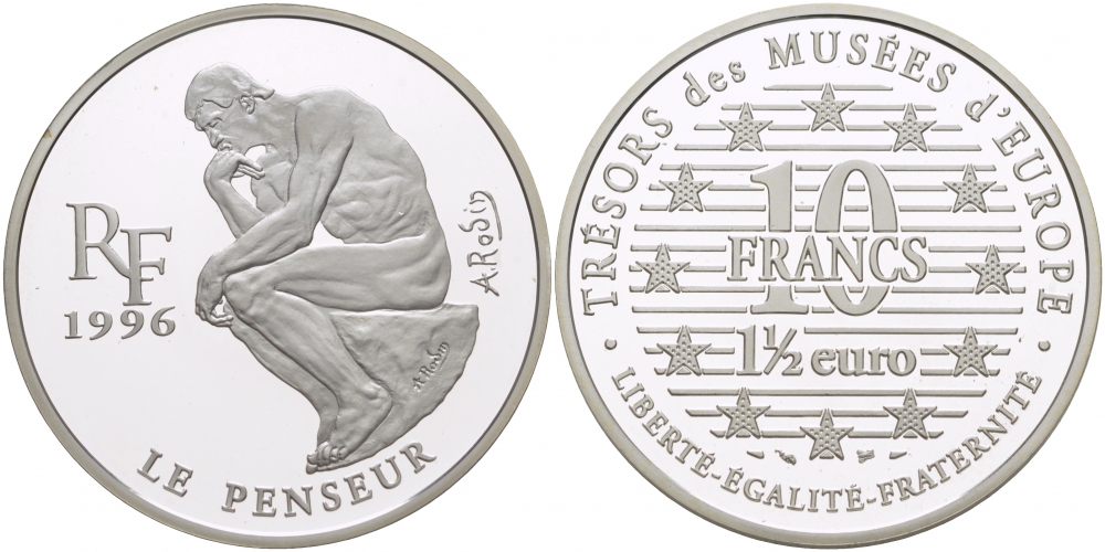 Франция 10 франков = 1 1/2 евро 1996 серия сокровища музеев Европы, “Мыслитель” Огюста Родена KM 1124 серебро PROOF 1068-4-53