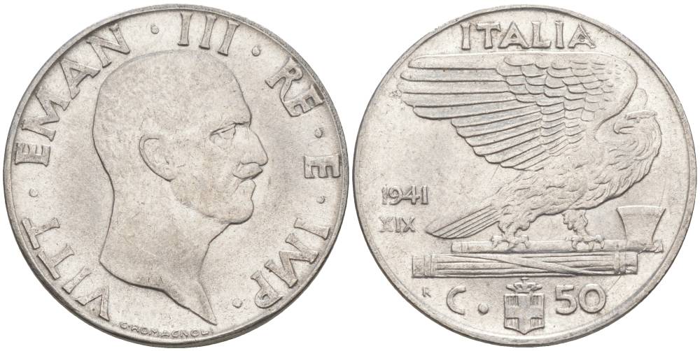 ИТАЛИЯ 50 ЧЕНТЕЗИМО 1941 R, ГОД XIX, ВИКТОР ЭММАНУИЛ III (1900-1946) KM 76b, VEM3. 1063 нержавеющая сталь 3853-322