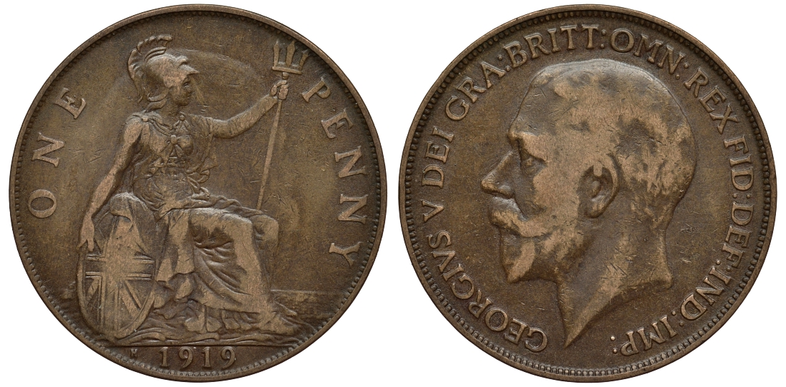 Великобритания 1 пенни 1919 H Георг V (1910-1932) KM 810, Spink 4052 бронза 1524-521