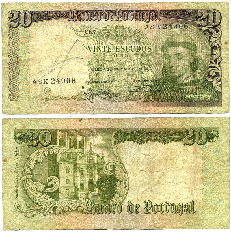 Португалия 20 эскудо 1964 Антоний Падуанский Pick 167 b бумага 7547-23-3