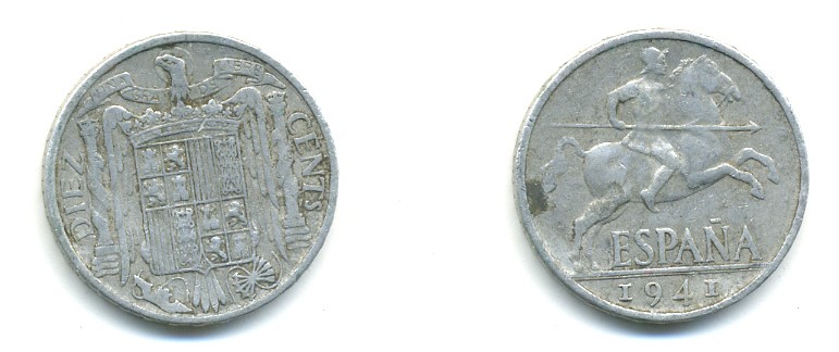 ИСПАНИЯ 10 СЕНТИМО 1941 РЫЦАРЬ НА КОНЕ KM 766 алюминий 80-1141