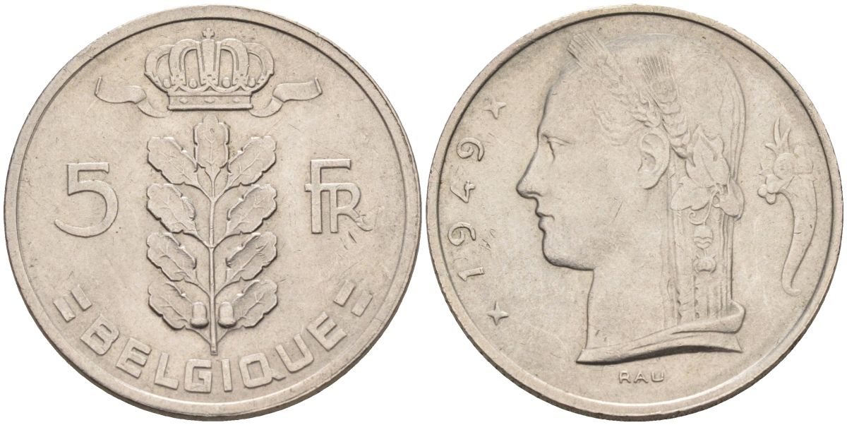 Бельгия 5 франков 1949 Леопольд III (1934-1950), Belgique KM 134.1 медно-никель 4592-935
